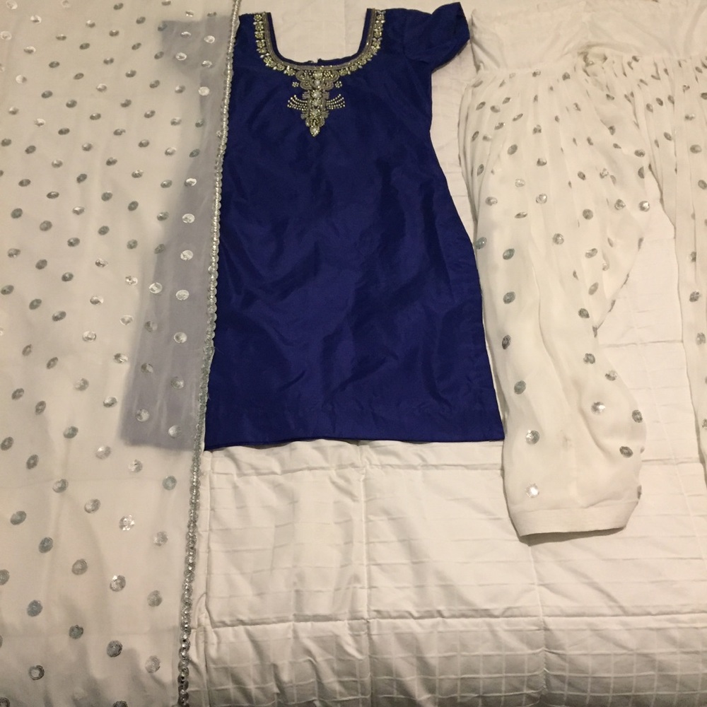 White/Blue Polkadot Indian Punjabi Salwar Kameez